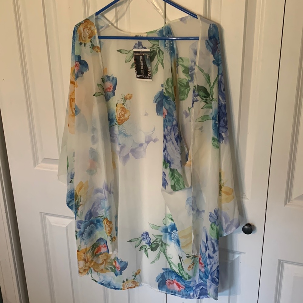 Adora Sheer Floral Kimono White with Blue and Yellow Flowers